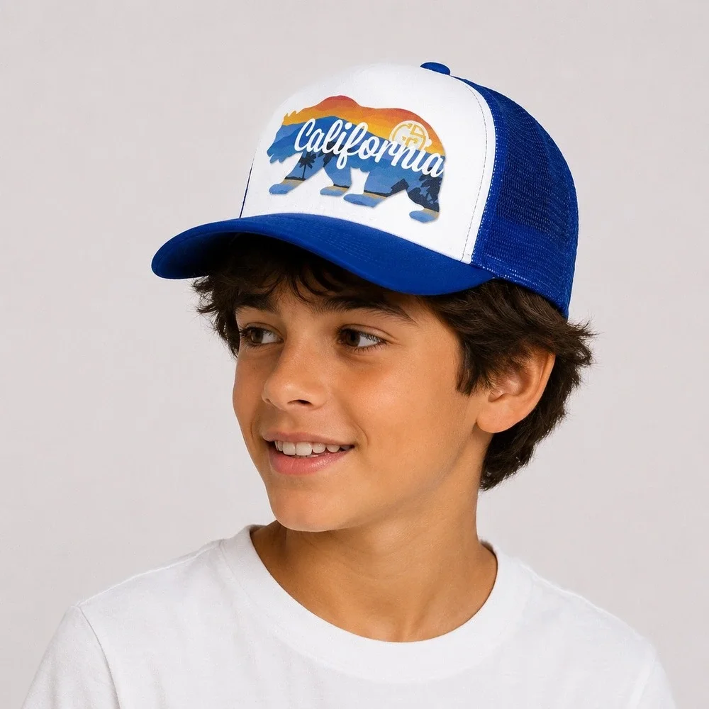 Grom Squad California Republic Bear Sunset Trucker‎ Hat Blue White Snapback Kids